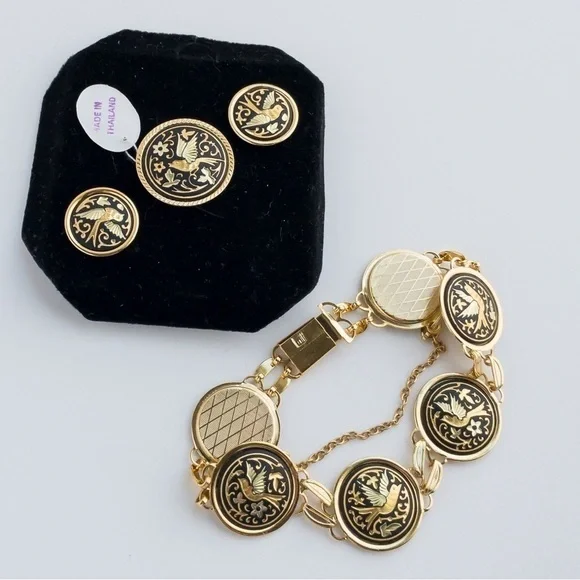 Vintage Damascene Medallion Jewelry Set IA Midas Toledo Spain Gold Tone & Enamel - Picture 2 of 15